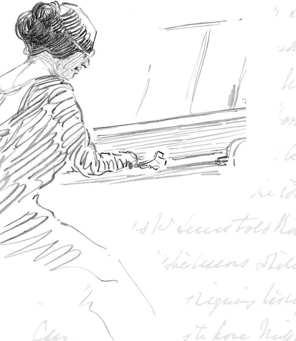 A pencil sketch of a woman playing the piano, surrounded by scribbled text