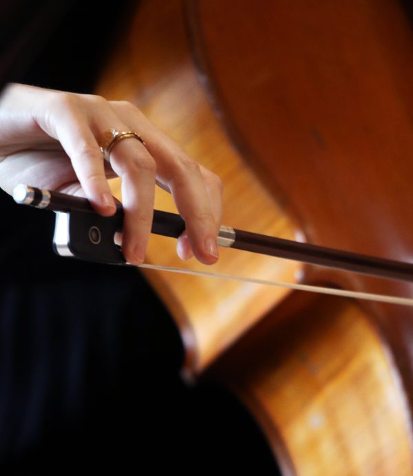 Close up of a hand holding a cello bow.