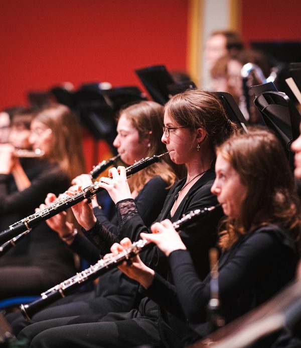 An orchestral wind section in concert.