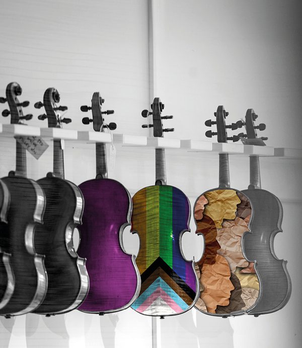A rack of multicoloured violins