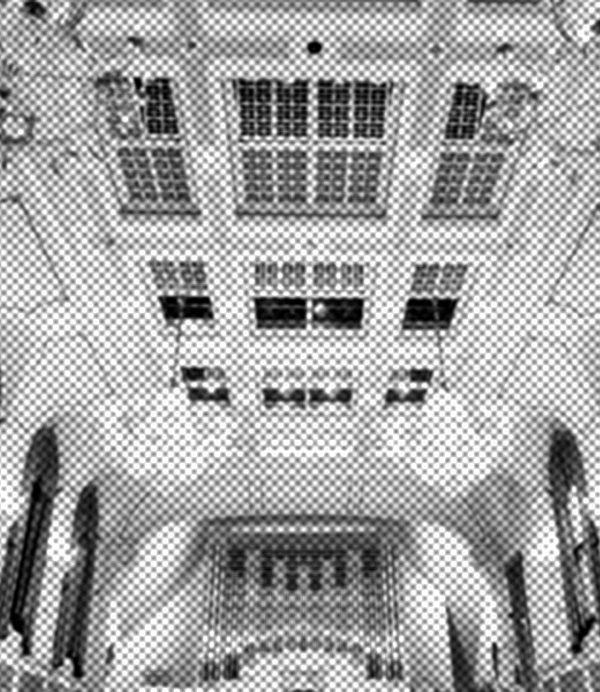 black and white image of the ceiling of the Duke's Hall
