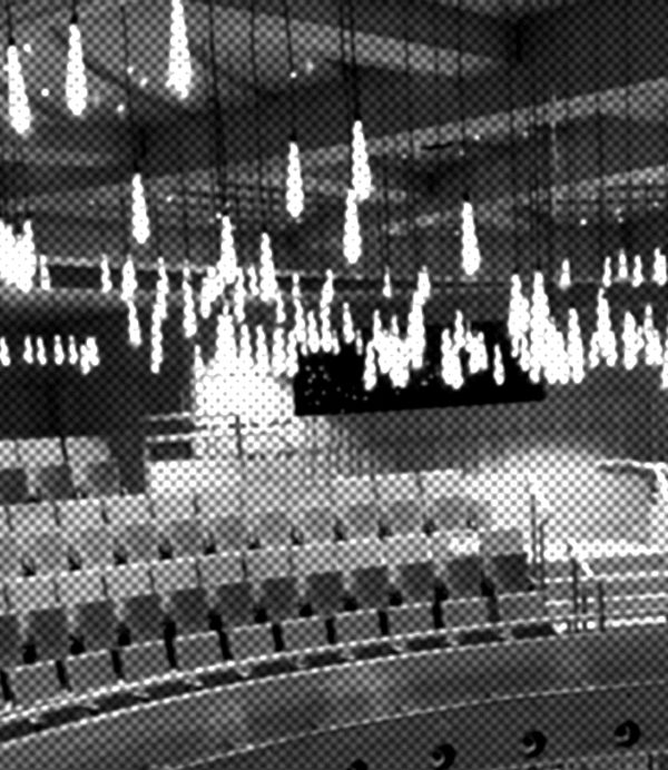 black and white image of the chandeliers on the ceiling of the Susie Sainsbury Theatre