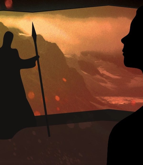 Wotan and his lance silhouetted at the back, to the forefront right the silhouette of Brünnhilde.