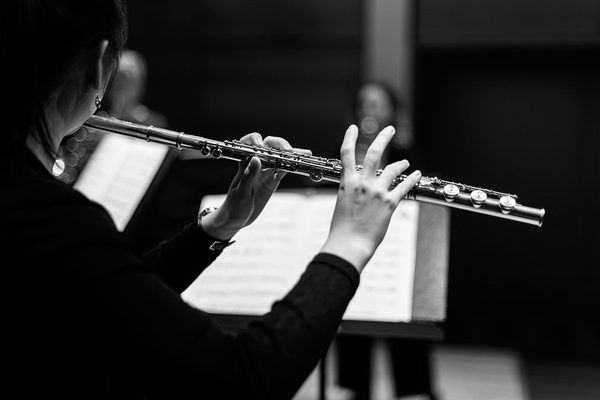 A flute player from over the shoulder.