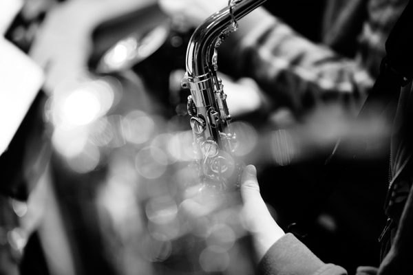Close up of a saxophone.