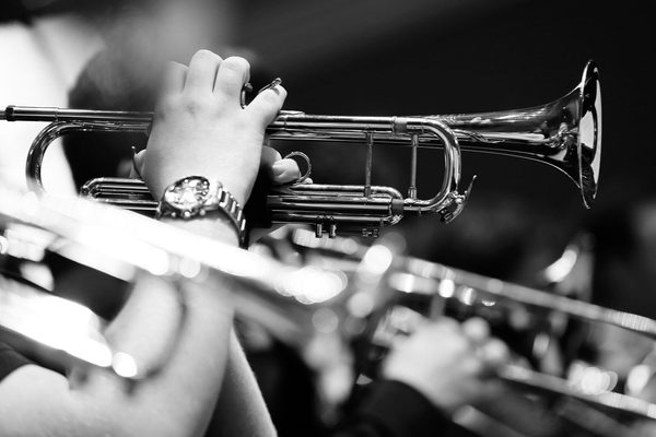 Close up of a trumpet.