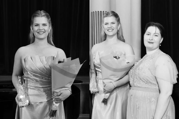 Two black and white images. The left pictures a blonde woman holding flowers and an award. The left pictures two women standing on stage.
