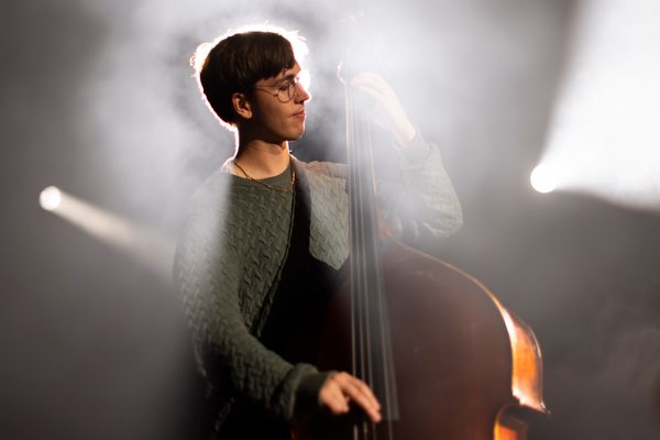 A double bassist under stage lights
