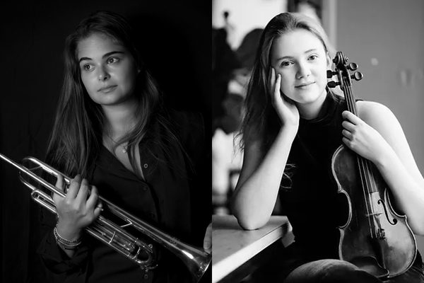 Two images side by side of Jasmin Iris Ghera holding a trumpet and Charlotte Spruit holding a violin