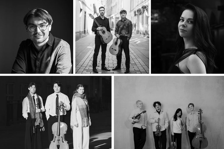 Black and white headshots and professional images of Tomos Boyles, Volt Duo, Gabrielė Sutkutė, Trios Nostos, Karelia Quartet