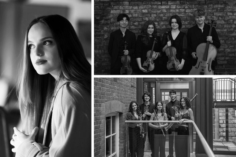 Black and white headshots/professional images of Milda Daunoraite, Neruda Quartet and Dogoda Quintet
