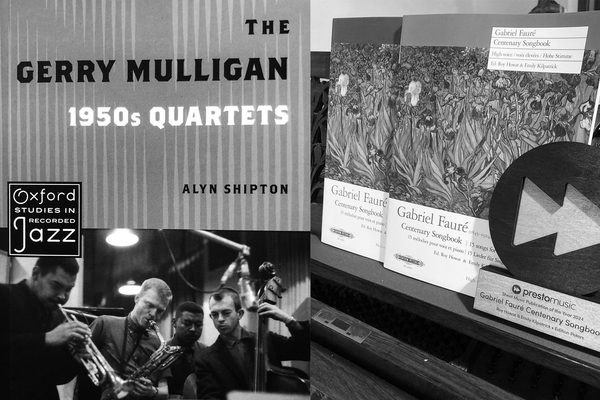 Two book covers for ‘The Gerry Mulligan 1950s Quartets’ by Alyn Shipton and ‘Fauré Centenary Songbook’ edited by Emily Kilpatrick and Roy Howat