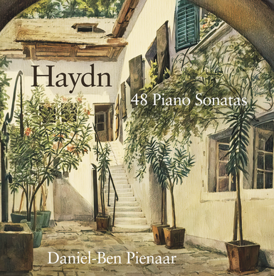 Artwork of a sunlit courtyard and potted trees