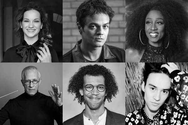 Black and white portraits of Hilary Hahn, Jamie Cullum, Beverly Knight, James Newton Howard, Jonathon Heyward and Jacob Collier