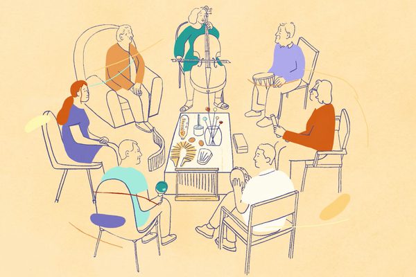 A coloured line drawing of a group of people seated in a circle on chairs, facing inwards, each holding a different instrument.