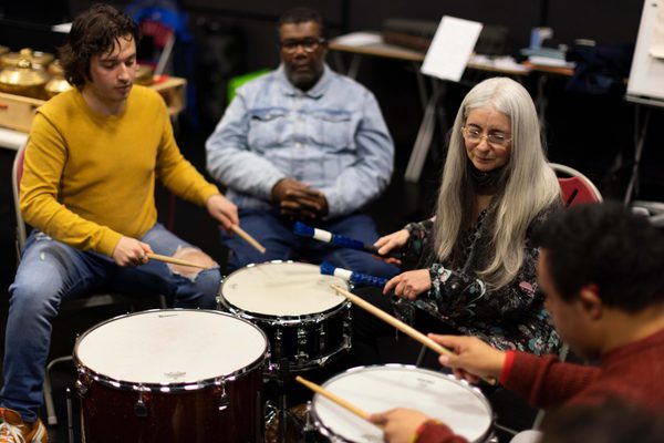Evelyn Glennie plays the drums with members of the City Lit Percussion Orchestra