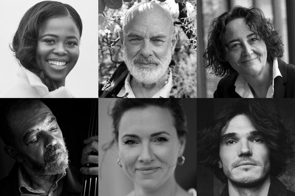 A composite black and white image of six artists' headshots: Top row, left to right: Pretty Yende, Brian Eno, Nathalie Stutzmann, Gary Crosby, Mary Bevan and Fra Fee