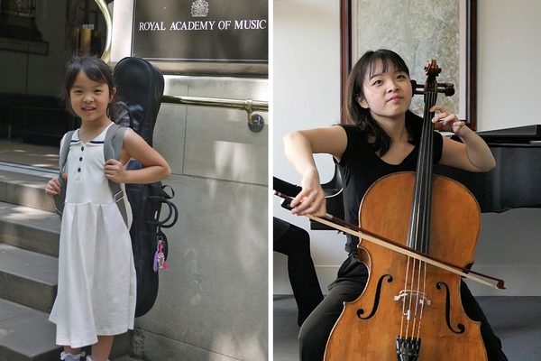Two images of cello student Mayuchi Ono. Left image: Mayuchi standing outside the Academy, aged 7. Right image: Mayuchi playing the cello in the Academy, aged 17