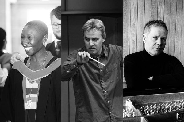Black and white portraits of Cynthia Erivo, Richard Farnes and Max Richter