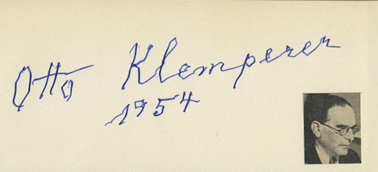 Close up of a signature, reading 'Otto Klemperer 1954', blue ink on parchment with accompanying black and white portrait.