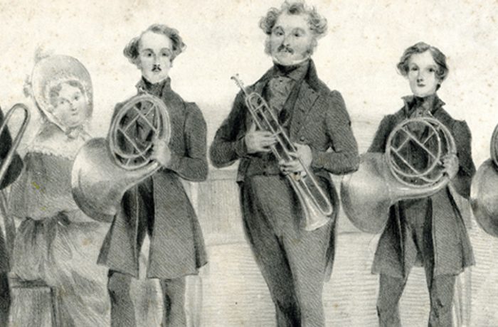 The Distin Quintet, 1830s lithograph with Ann Matilda Distin at the piano.