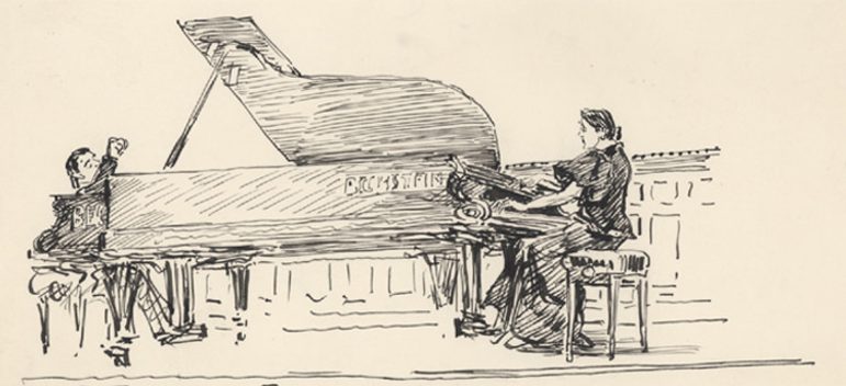 A scanned illustration from the Bartlett Collection depicting a dueting pianist and harmonium player.