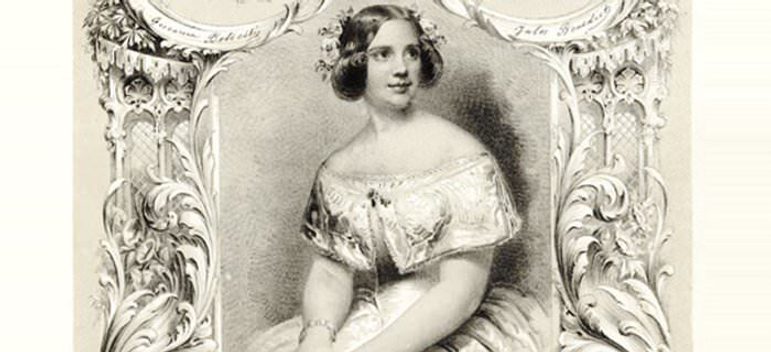 Illustrated portrait of Jenny Lind, black and white.