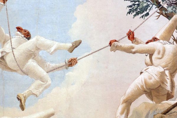 A painting by Tiepolo of two creatures in white suits swinging from a rope - 'The Swing of Pulcinella'.