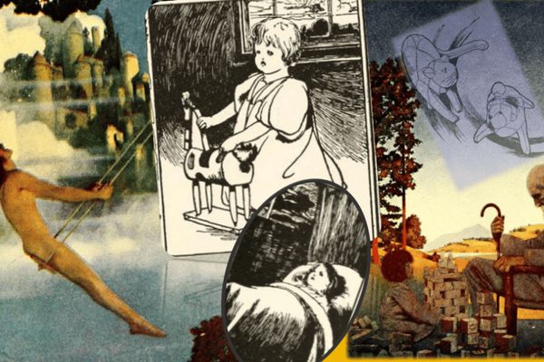 A composite of surrealist illustrations, including a sketch of a child with a rocking horse, an elderly man in a chair and a person on a swing.