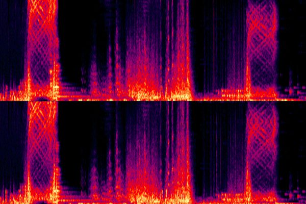A colourful representation of frequencies on a black background - a spectrogram of Colloquy by Eric Burton Davis.