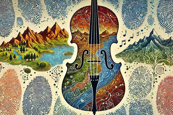 A colourful illustration of a cello on a backdrop of mountain landscapes and large fingerprints.