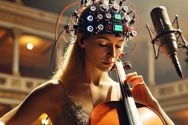 A cellist wearing an fNIRS cap.
