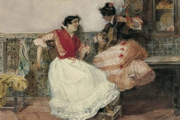 An oil painting on canvas of one person playing a guitar to another.