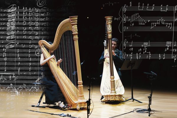 Two harpists perform in an empty auditorium with an illustration of sheet music superimposed on top.
