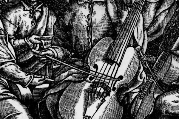 Medieval style illustration of a viol being struck with a bow.