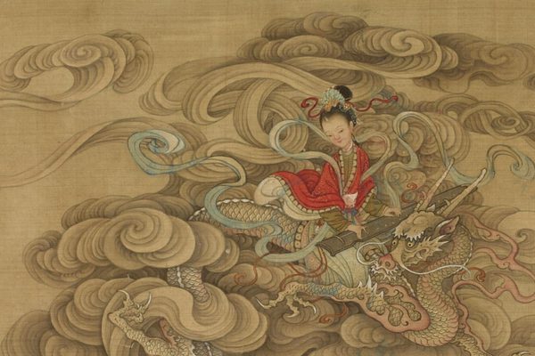 Illustration of a person wearing red riding a dragon.