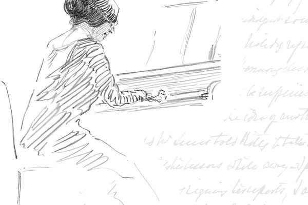 A pencil sketch of a woman playing the piano, surrounded by scribbled text.