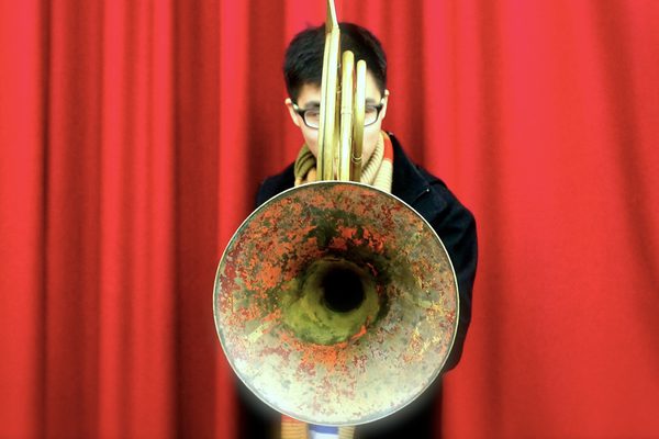 A young man with dark hair standing in front of red drapes holding a large brass instrument, the horn obscuring his face.