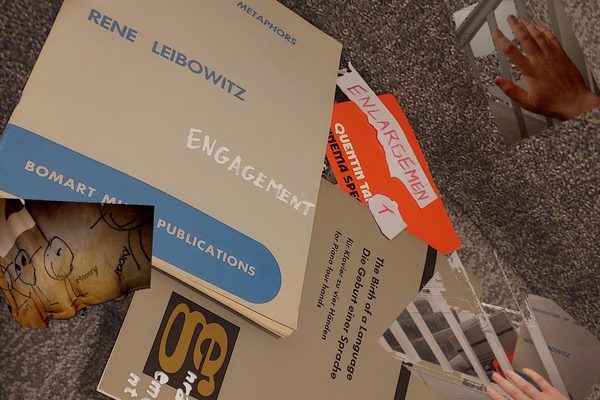 Collage illustrating a score by Anatol Vieru, a score by René Leibowitz, a pianist’s hand, a Virgil Abloh design, a book by Quentin Tarantino.