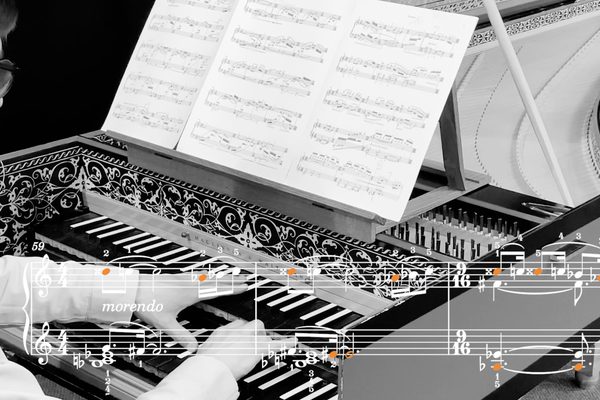A man plays a harpsichord with graphics of musical notation imposed on top.