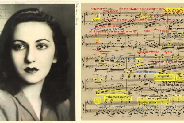 A black and white photo of a young woman with dark hair next to a score extract with highlighted sections and annotations.