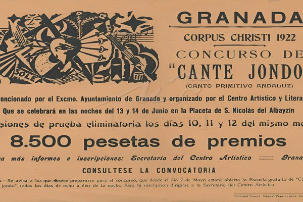 Leaflet printed in black on a brown background for the Cante Jondo Competition organised by Manuel de Falla.