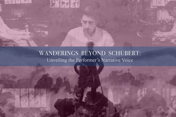 Composite graphic image of a man at a piano (three aspects top) and historical drawings of a man standing on a rock with his back to us (bottom) with the project title 'Wanderings beyond Schubert' across the middle.