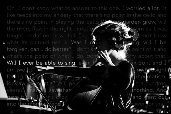 A black and white image of a woman playing a cello in profile against a black background with white running text.