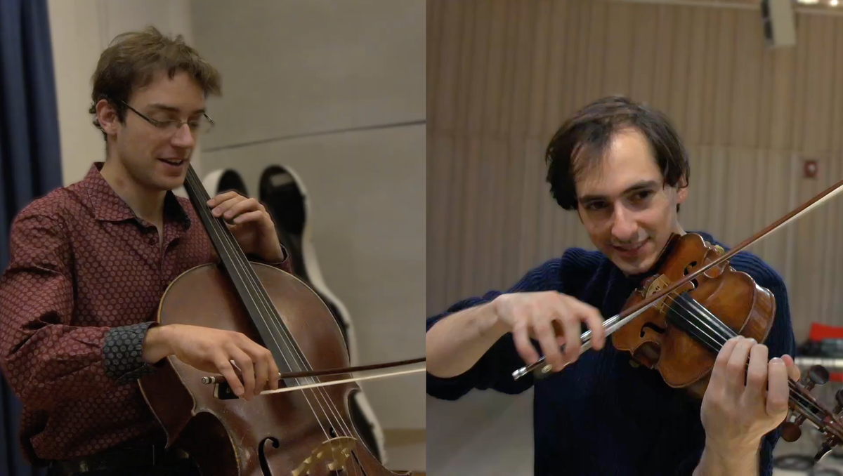 A split-screen image of violinist Basil Alter and cellist Constantin Siepermann performing 1300km apart.