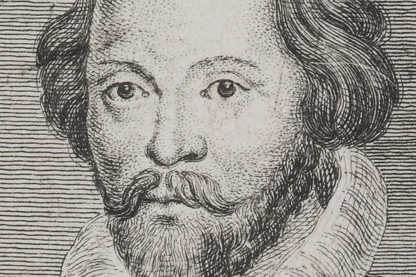 A black and white historical engraving of a man's face with a beard, moustache and wearing a ruched collar.