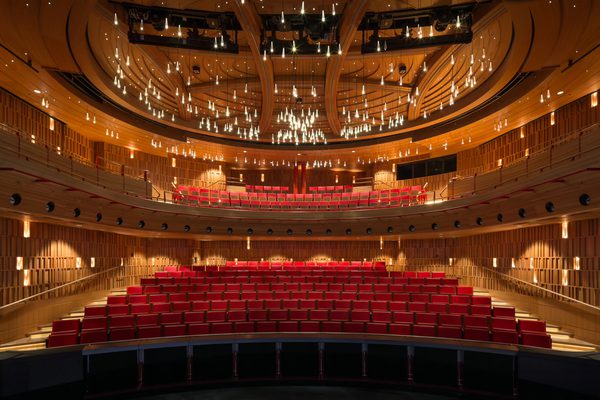 The Susie Sainsbury Theatre auditorium as seen from the stage.