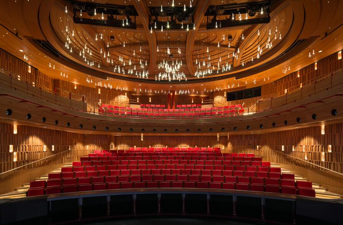 The Susie Sainsbury Theatre auditorium as seen from the stage.