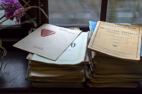 A stack of manuscripts from the Academy library on a windowsill.