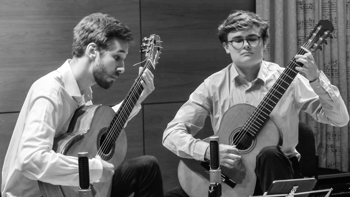 A guitar duo in concert.